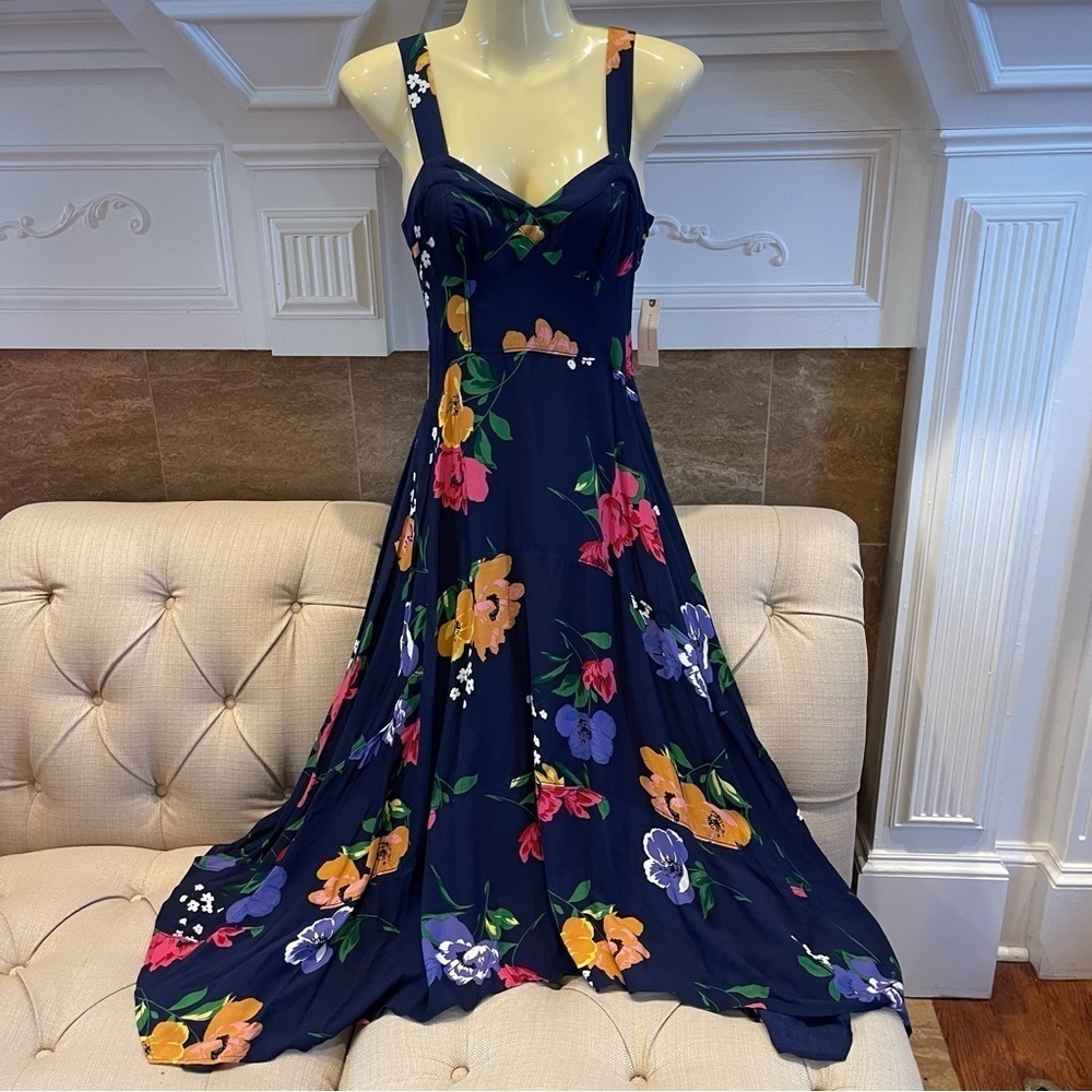 Anthropologie Maeve Vivienne Midi Dress Blue Motif A sweetheart neckline Sz 0